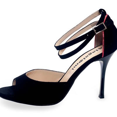 Lily Double Strap Black Suede with Red Piping