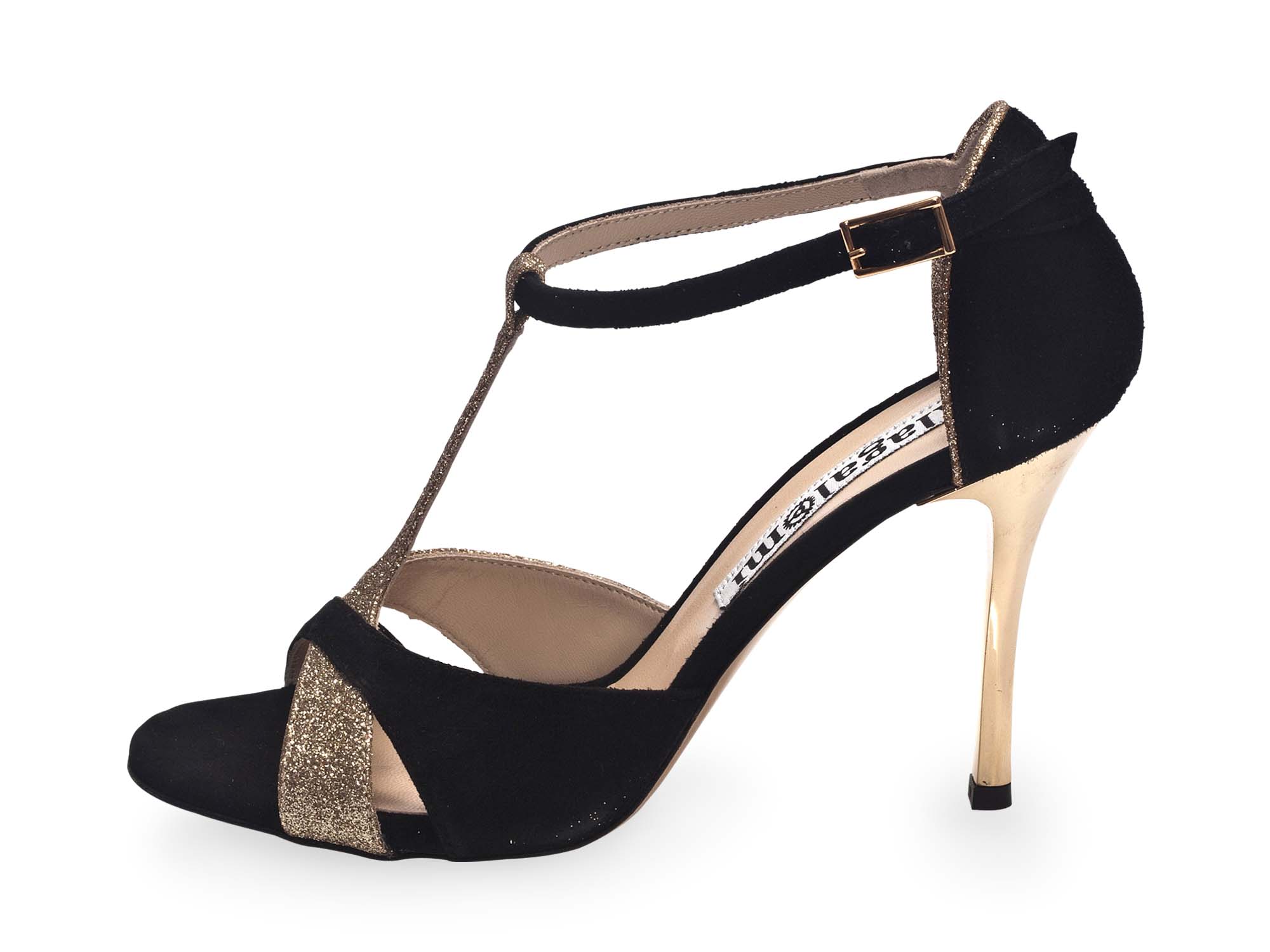 Mariposa Black Suede and Platinum Glitter Leather