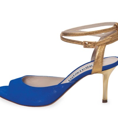 Gloria Double Strap Glossy Blue and Gold Leather