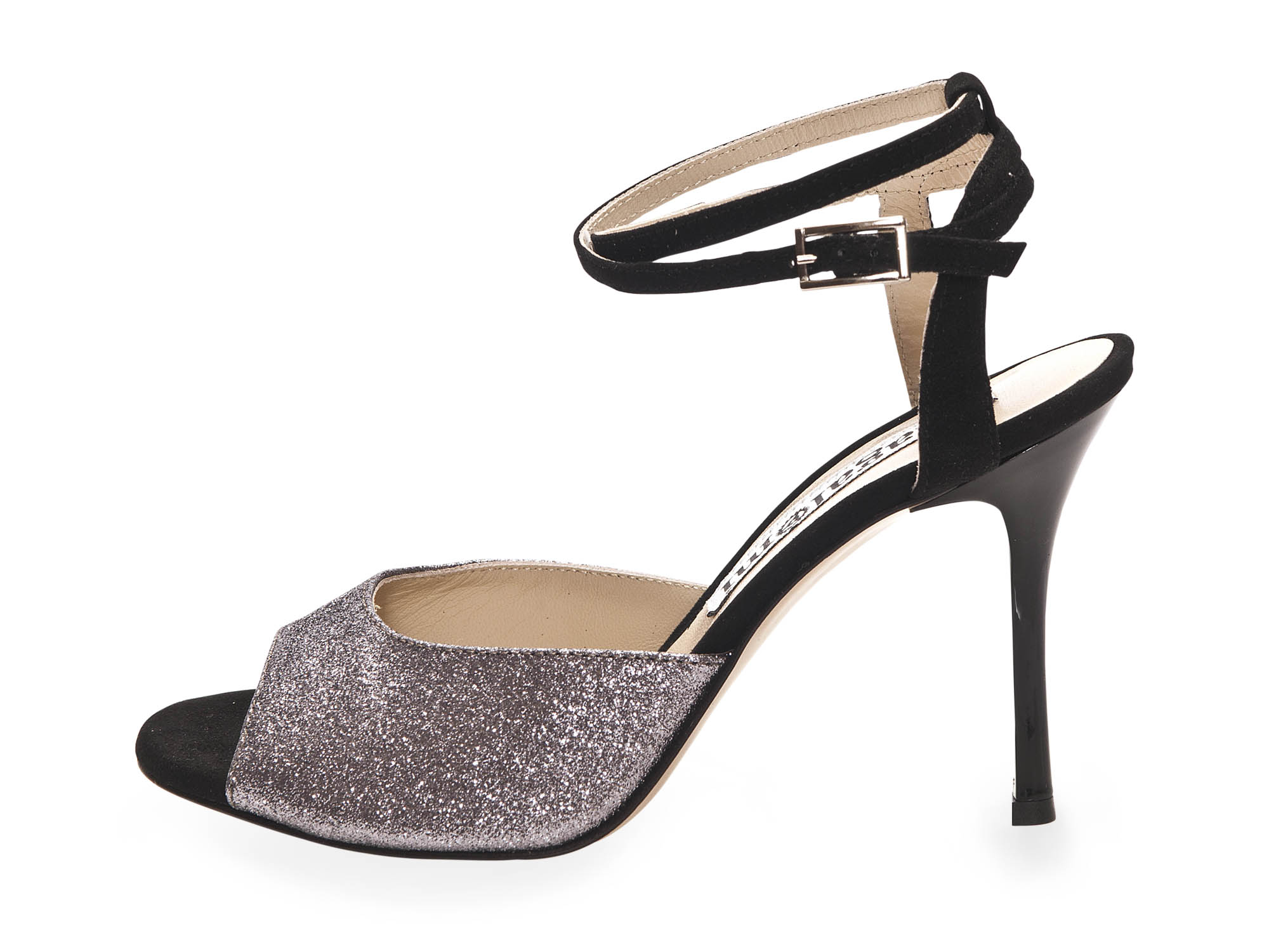 Iris Double Strap Pewter Glitter and Black Suede