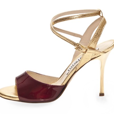 Maia Double Strap Bordeaux Pearlescent Patent and Gold Leather