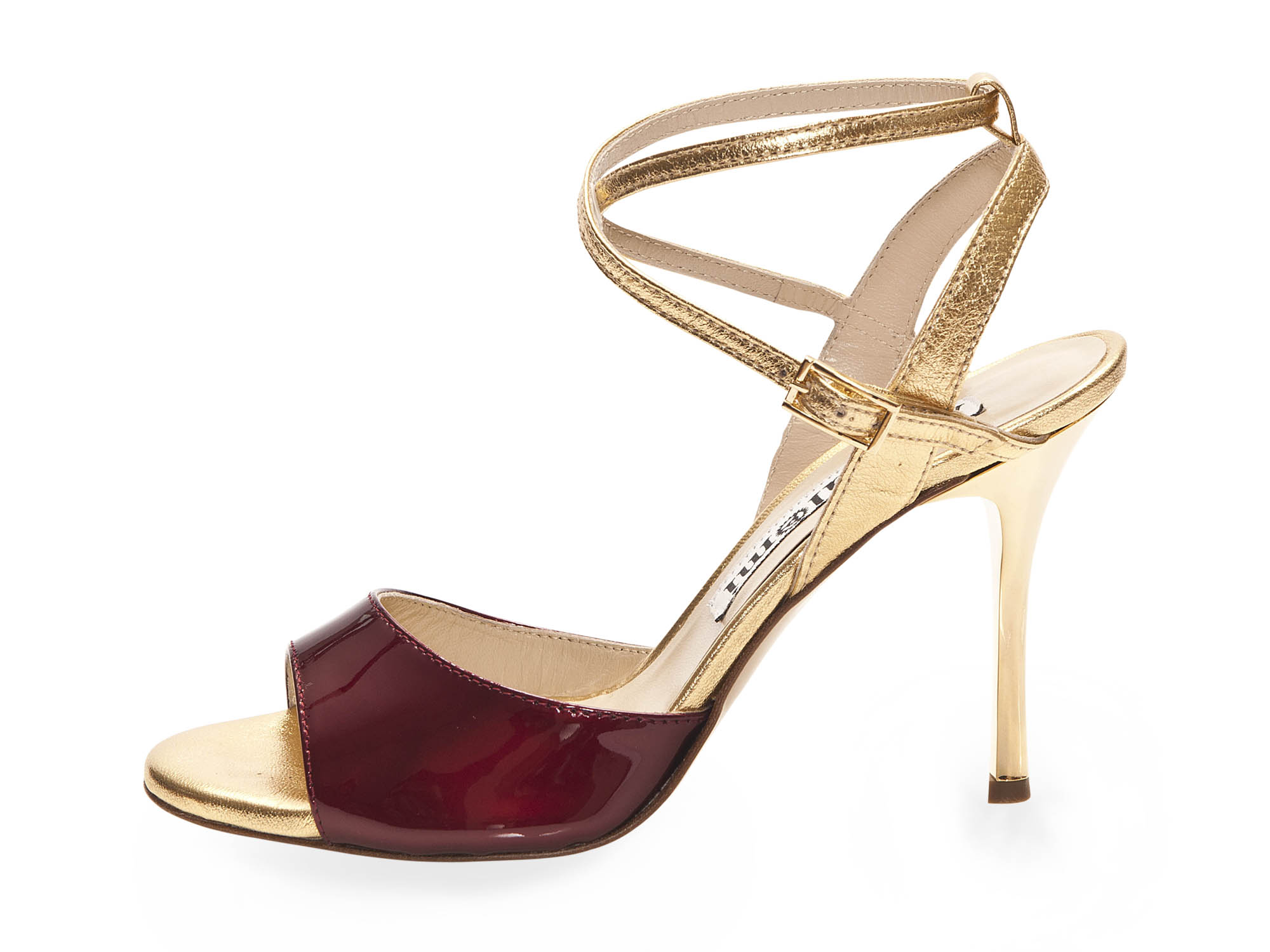 Maia Double Strap Bordeaux Pearlescent Patent and Gold Leather