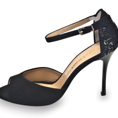 Lily Single Strap Black Black Suede with Paisley Back
