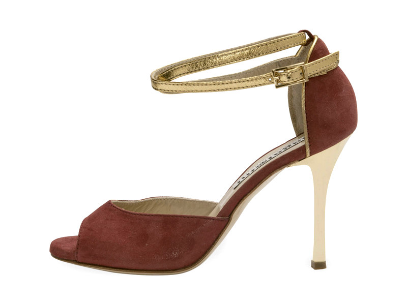 Lily Double Strap Glossy Bordeaux and Gold Metallic Leather