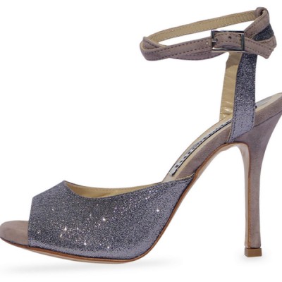 Gloria Double Strap Pewter Glitter and Mink Suede
