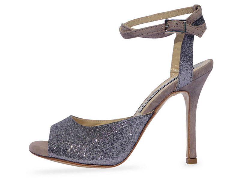 Gloria Double Strap Pewter Glitter and Mink Suede