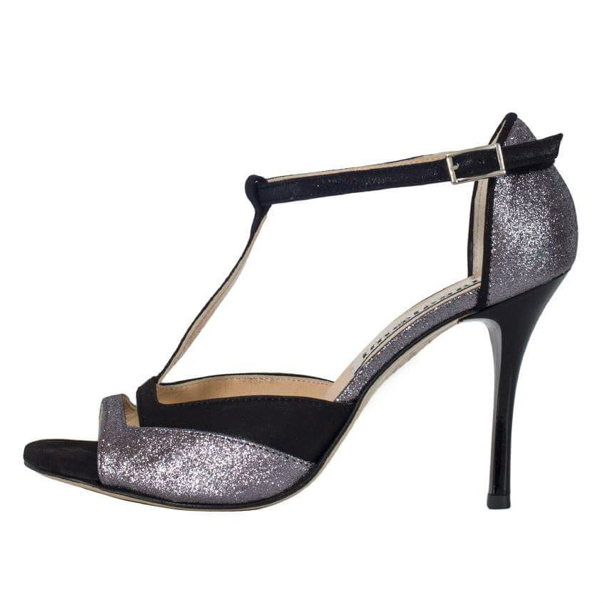Marlene Pewter Glitter and Black Suede Combination