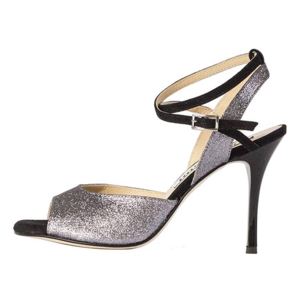 Rosa Double Strap Pewter Glitter and Black Suede