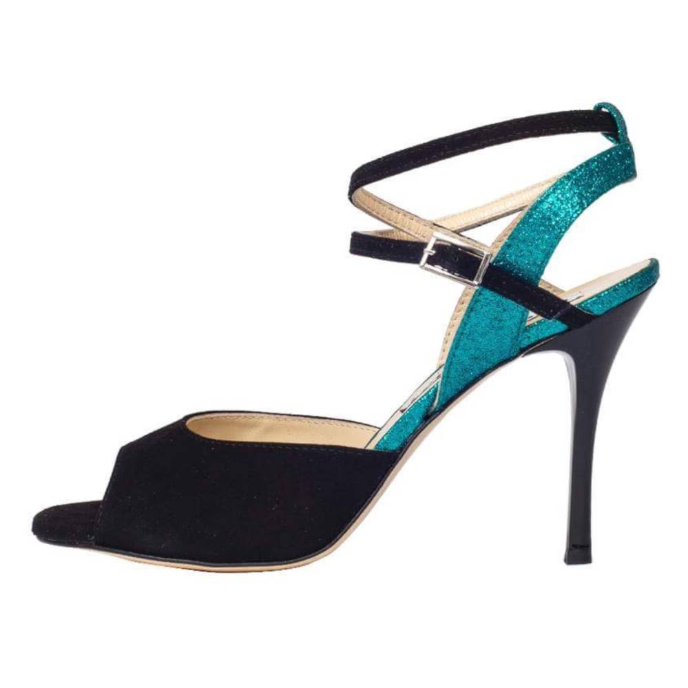 Rosa Double Strap Black Suede and Cayman Green Glitter