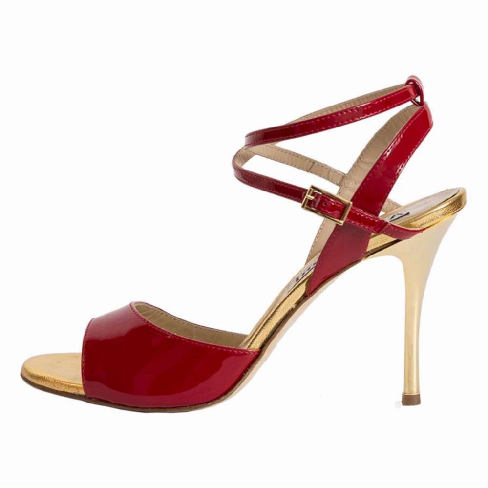 Maia Double Strap Red Patent and Gold Metallic