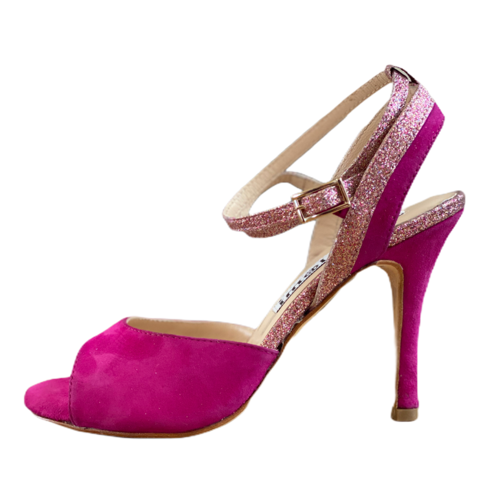 Nina Double Strap in Suede Fuxia and Rainbow Glitter