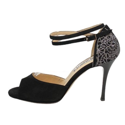 Isabel Double Strap in Black Suede and Grey embroidery