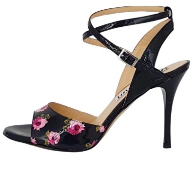 Maia Double Strap in Pink Roses and Black Patent Leather