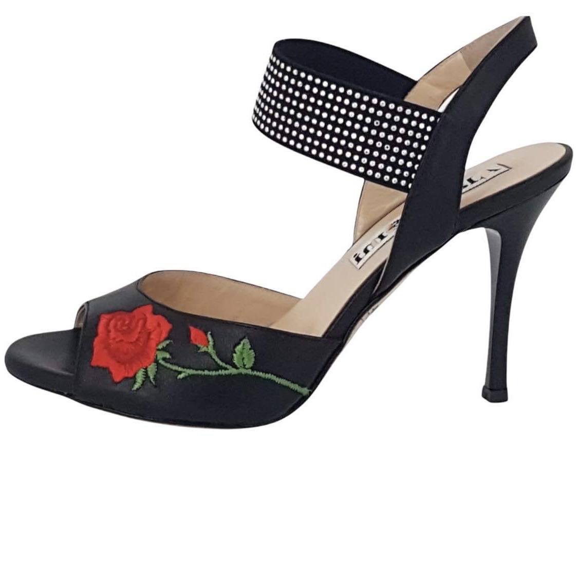 Becky Red Rose Embroidery on Glossy Black Leather