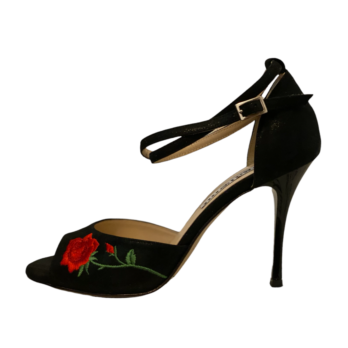 Isabel Ds Black Nappa and Red Rose Embroidery