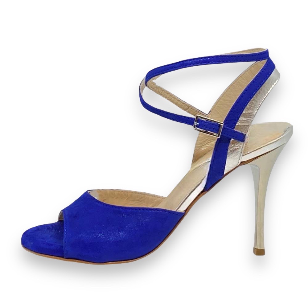 Nina Double Strap  Persian Blue and Silver Metallic Leather