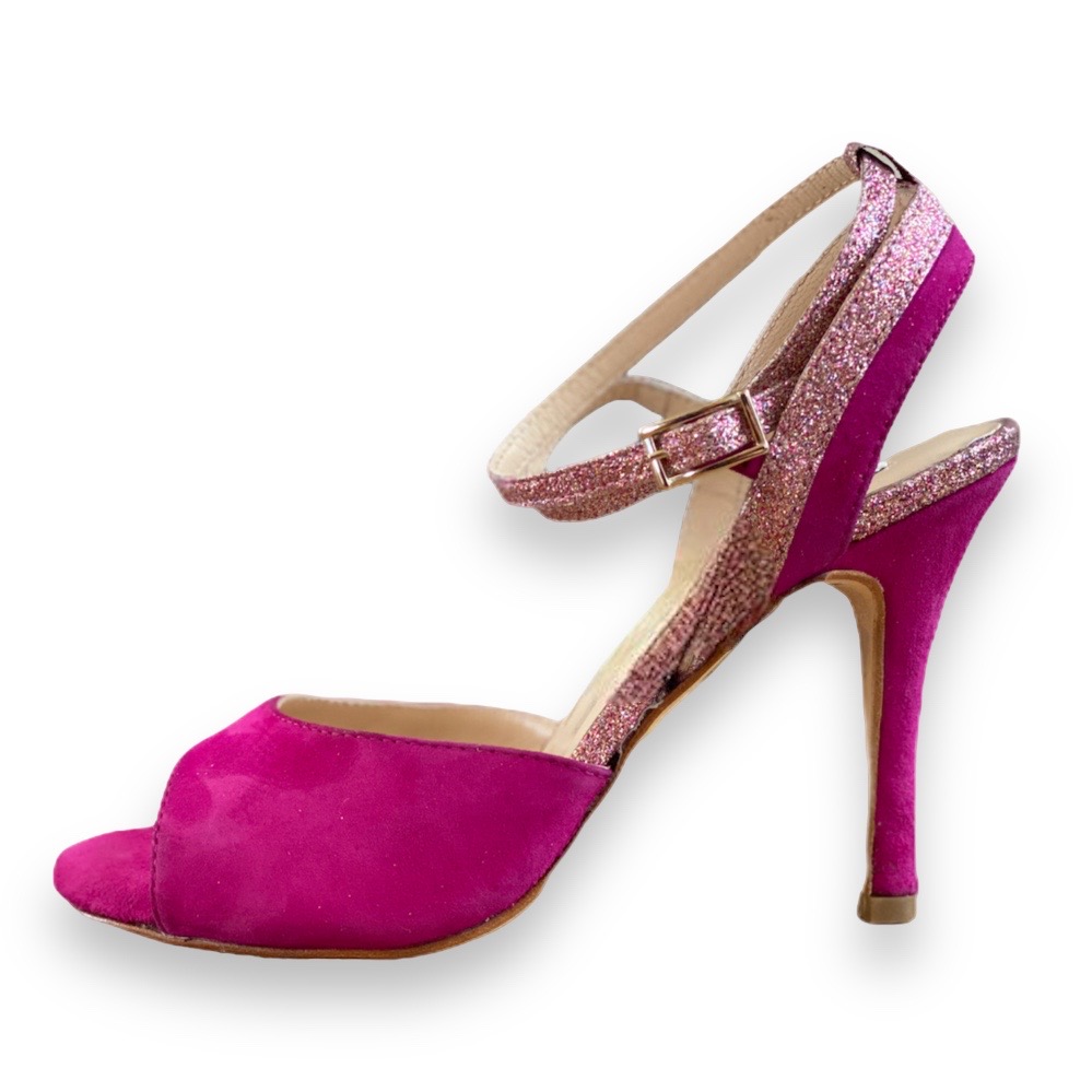 Nina Double Strap in Suede Fuxia and Rainbow Glitter