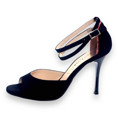 Lily Double Strap Black Suede with Red Piping