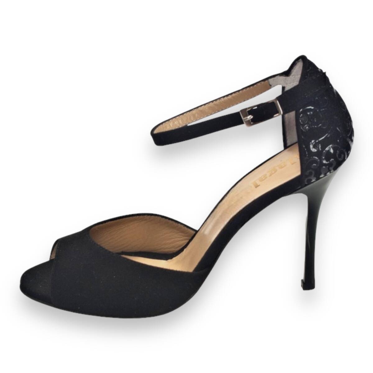 Lily Single Strap Black Black Suede with Paisley Back