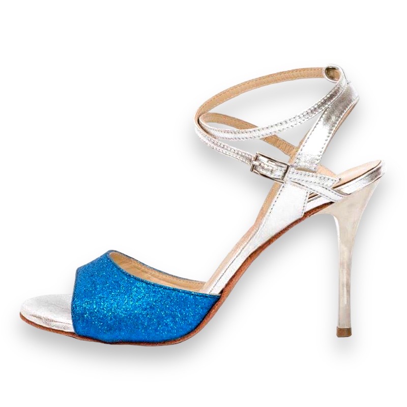 Maia Double Strap Sky Blue Glitter and Silver Metallic Leather