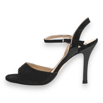 Maia Single Strap Black Suede and Black Patent Leather