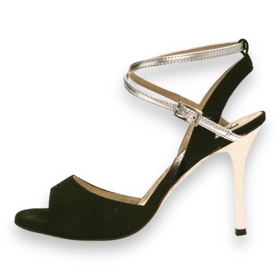 Maia Double Strap Glossy Black and Silver Metallic Leather